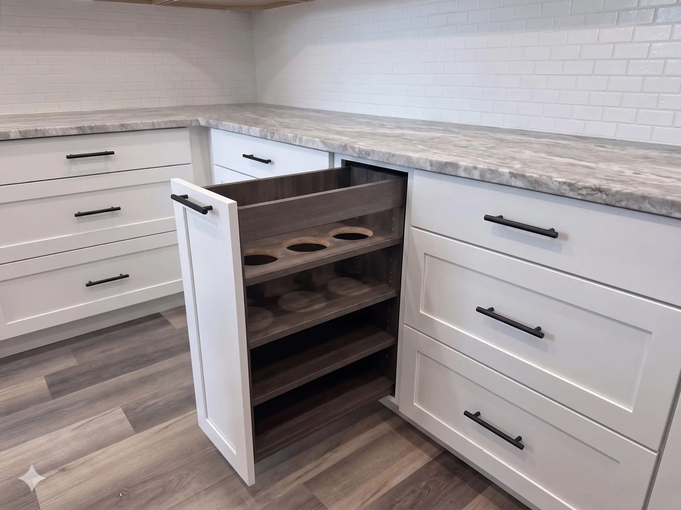 Open dark wood drawer box showing construction and smooth soft-close glide, a hallmark of custom cabinetry craftsmanship.
