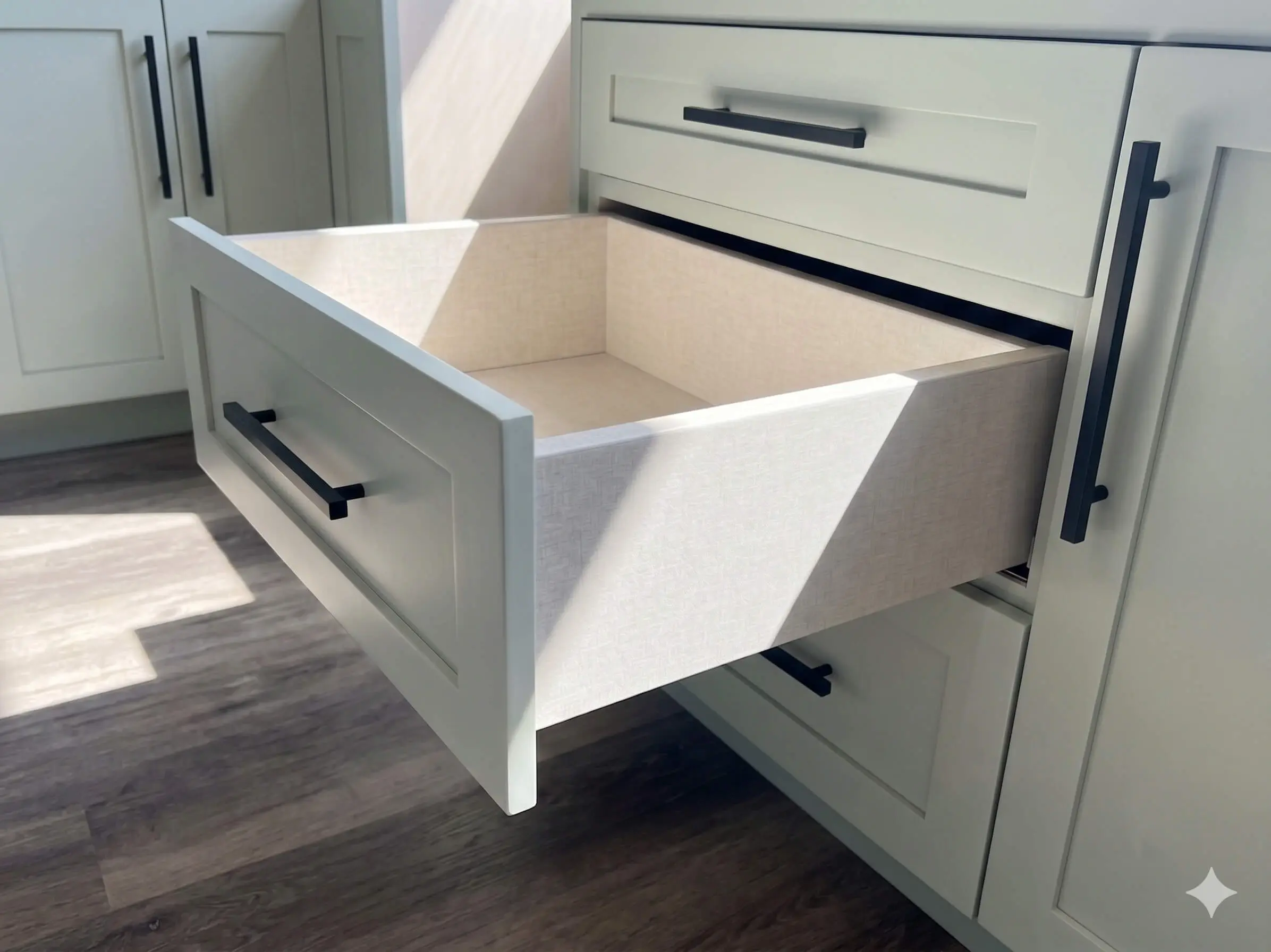 Custom cabinet drawer lined with soft fabric interior, designed for delicate storage inside a luxury built-in furniture piece.